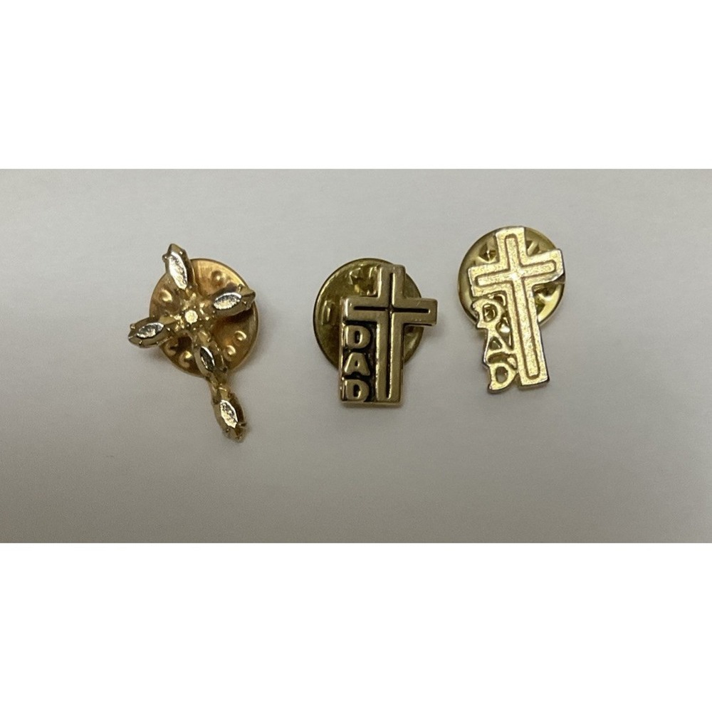 Dad Cross Lapel Pin Lot 3pc Gold Tone Religious Christian Mens Hat Pinback